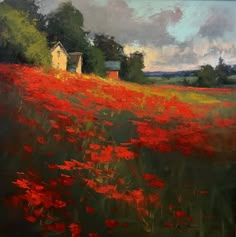 an oil painting of a field full of red flowers with a house in the distance