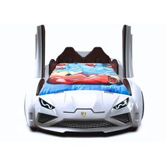 a toy car bed with the hood open