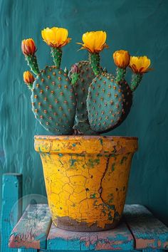 a yellow potted cactus sitting on top of a wooden table next to a green wall