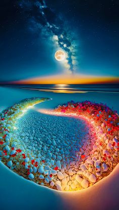 an artistic painting with rocks and flowers on the ground in front of a full moon