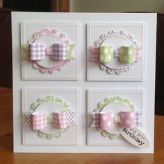 four cards with bows and ribbons on them