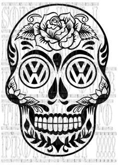 a black and white sugar skull with roses on it's head, in the shape of a vw logo