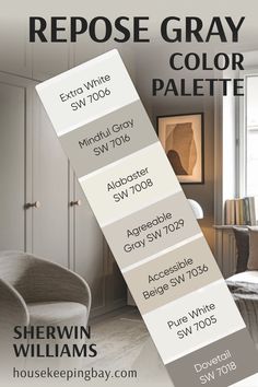 The image shows a "Repose Gray Color Palette" by Sherwin Williams. The palette features a selection of paint colors displayed vertically:

Extra White SW 7006
Mindful Gray SW 7016
Alabaster SW 7008
Agreeable Gray SW 7029
Accessible Beige SW 7036
Pure White SW 7005
Dovetail SW 7018
The background depicts a stylish, neutral-toned living space with soft lighting and modern decor, complementing the palette's calm, muted shades. Accessible Beige And Alabaster, Alabaster And Accessible Beige, Alabaster Sherwin Williams, Sw Repose Gray, Beauty Shop Decor, Sherwin Williams Alabaster, Accessible Beige