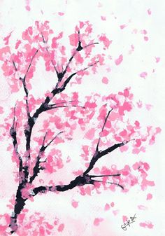 a painting of a tree with pink flowers