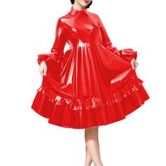 Women's Puff Sleeve A-Line Pleated Midi Dress, High Waist Dress, Turn Down Collar, Wetlook PVC High Waist Dress, Pleated Midi Dress, Long Puff Sleeves, Lolita Dress, Waist Dress, Club Dresses, Dresses Long, Puff Sleeve, Long Dress