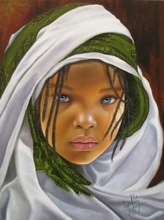 a painting of a woman with dreadlocks on her head and green scarf around her neck