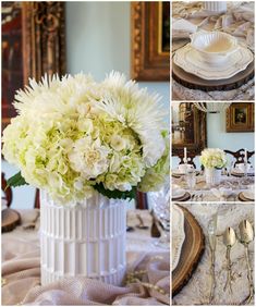 a collage of photos with white flowers in a vase and plates on the table