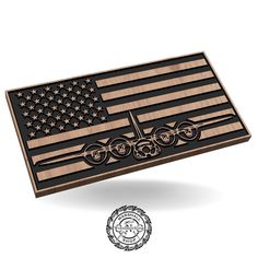 an american flag is engraved on a wooden plaque