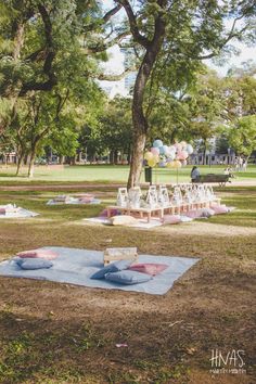 many chairs are set up in the middle of a park