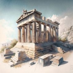 a painting of an ancient greek temple with steps leading up to it