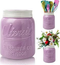 there is a purple mason jar with flowers and utensils in the top right hand corner