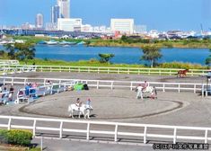 several people riding horses around an arena in the middle of a city with tall buildings behind them