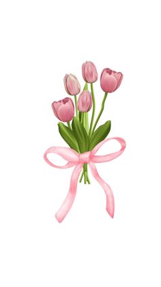 a bouquet of pink tulips tied with a pink ribbon