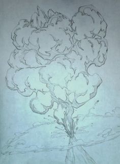 a drawing of a tree in the middle of a field with clouds and water behind it