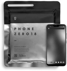 the phone is sitting next to an aluminum bag and its contents are in black and white