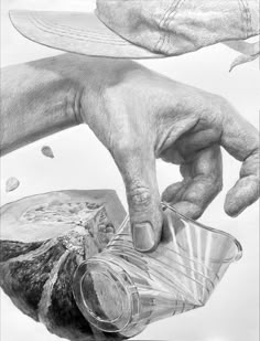 a pencil drawing of two hands holding an empty cup and another hand reaching for something