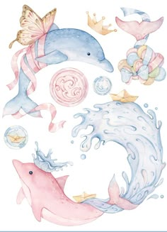 a watercolor drawing of dolphins and other marine creatures