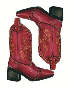 Garnet and Gold Boots Art Print is of a my hand drawn, abstract watercolor painting. It features garnet and gold cowboy/cowgirl boots. It is printed on a cold press, watercolor textured paper. Acid free, archival, and very sturdy with a matte finish. They are quickly shipped in both a plastic protective sleeve and a rigid mailer to ensure its safety during shipping. Each print is made to order- printed, cut, and packaged by hand in my home. Sizes: 5x7, 8x10, 11x14Please note! No frame is included- they are just the physical print but are ready to be framed in your own style of frame.*This is a reproduction of the original watercolor painting. Colors may differ between screens among screens and monitors.* Fsu Sorority, Boot Drawing, Boots Illustration, Boots Drawing, Cowboy Painting, Boots Art, Cowgirl Christmas, College List, Gold Boots