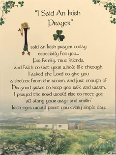 a poem written in irish language with shamrocks on the border and an irish flag