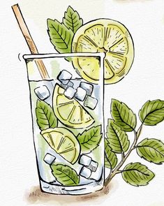 a drawing of a drink with lemons and mint