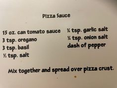 a menu listing different types of pizza sauce