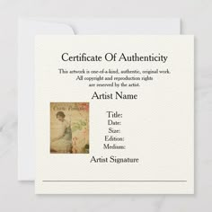 a certificate for an artist is displayed on a white card with the words,'certificate of authenticity '