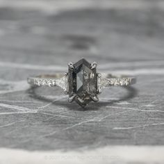 black diamond Triangle Diamond, Future Engagement Rings, Hexagon Diamond, Unique Diamond Rings, Black Diamond Ring Engagement, Unique Diamonds, Bling Rings, Salt And Pepper Diamond, Wedding Plans