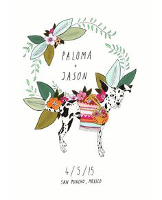 a drawing of a dog with flowers on it's back and the words paloma jason written in spanish