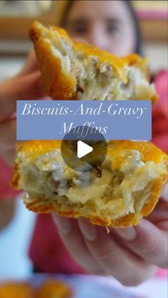 a person holding up a piece of food with the words biscuits and gravy written on it