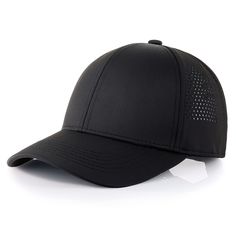 a black baseball cap with perfored details on the front and side panels,