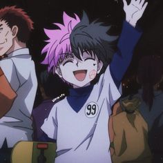 two anime characters with their arms in the air