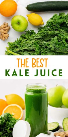 Kale is one of the best greens to use for juicing. It is packed full of nutrients and pairs well with cucumber and citrus. This delicious kale juice features the bright flavors of lemon and orange as well as the sweetness of green apple. Juice With Kale, Juicing With Kale, Kale Drink, Easy Green Juice, Kale Juice Recipes, Best Green Juice Recipe, Best Greens, Juice Recipes For Kids, Juice Ideas