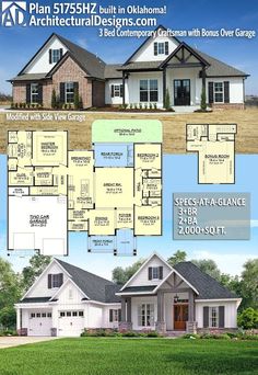 two story house plans with three car garages and an open floor plan for this home