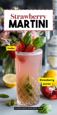 a strawberry martini is shown with the ingredients labeled