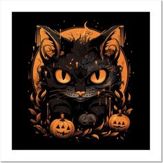 a black cat with orange eyes and pumpkins