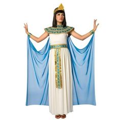 an egyptian woman dressed in white and blue