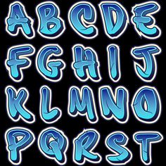 the letters are blue and have white outlines on them, as well as black background