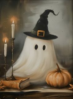 a painting of a white ghost with a black hat and two pumpkins next to it