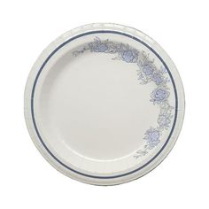 a white plate with blue trim and flowers on the rim, against a white background