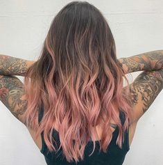 Brunette Pink Ombre Hair, Brunette With Pink Balayage, Light Pink Ends On Brown Hair, Balayage Hair Pink Rose Gold, Brunette Hair With Pink Ends, Pastel Balayage Brunette, Brunette Balayage Hair Pink, Pink Balayage Hair Brunettes, Rose Pink Balayage