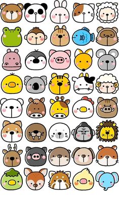 a bunch of different animal faces on a white background