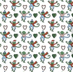 a pattern with monkeys and hearts on it