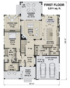 the first floor plan for a home with two car garages and an attached living area