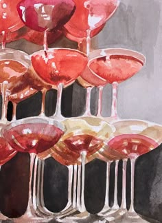 a painting of wine glasses filled with red and pink liquid on top of each other