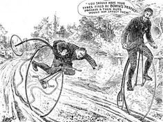 a cartoon depicting two men riding bicycles in the woods, one is falling off his bike