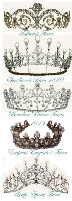 four tiaras with pearls and crystals on them