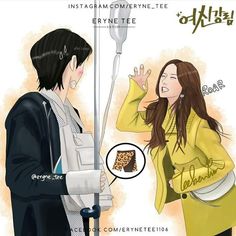 an image of a man and woman talking to each other while holding a pole with a piece of cake on it