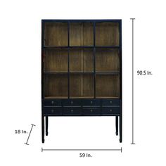 an image of a bookcase with drawers and measurements for the widths in front of it