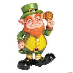 a green and yellow gnome figurine holding a piece of bread in his hand