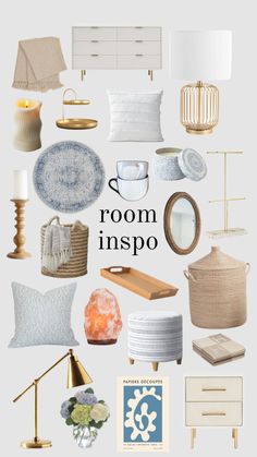 a collage of various items in blue, white and beige with the words room inspo